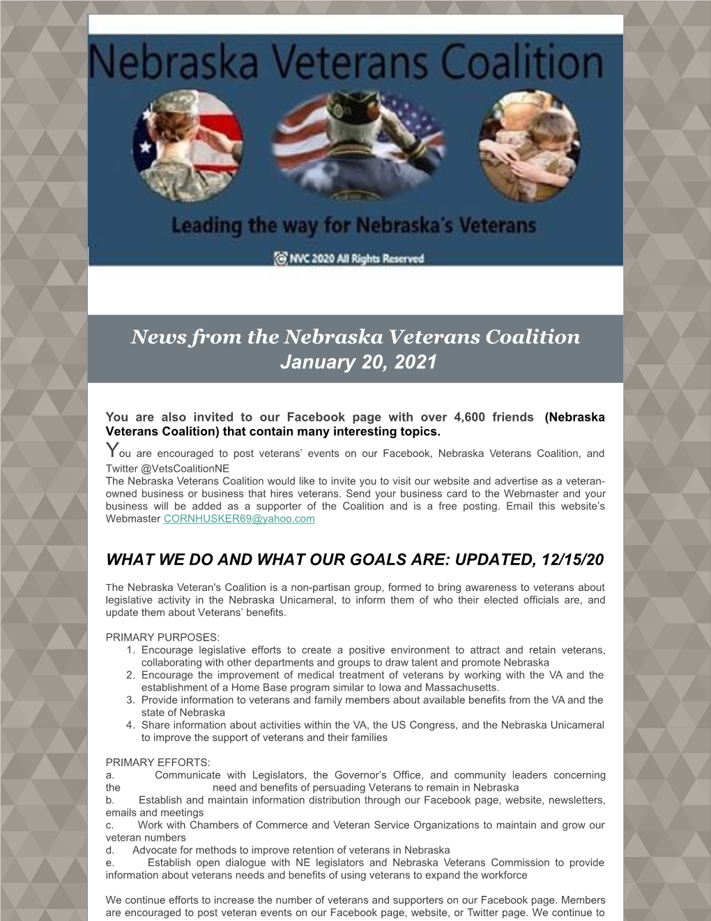 News from the Nebraska Veterans Coalition January 20, 2021