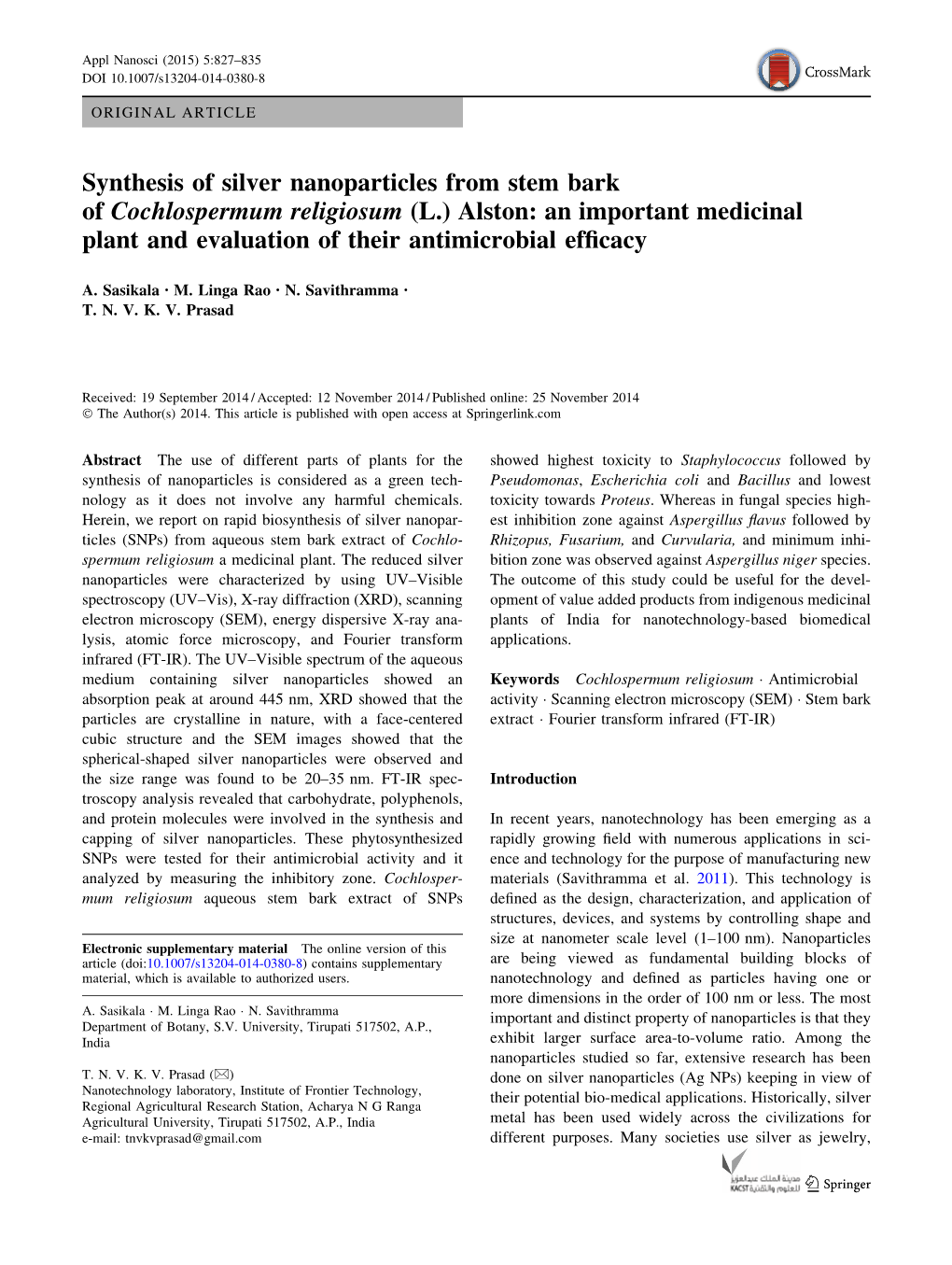 Synthesis of Silver Nanoparticles from Stem Bark of Cochlospermum Religiosum (L.) Alston: an Important Medicinal Plant and Evaluation of Their Antimicrobial Efﬁcacy