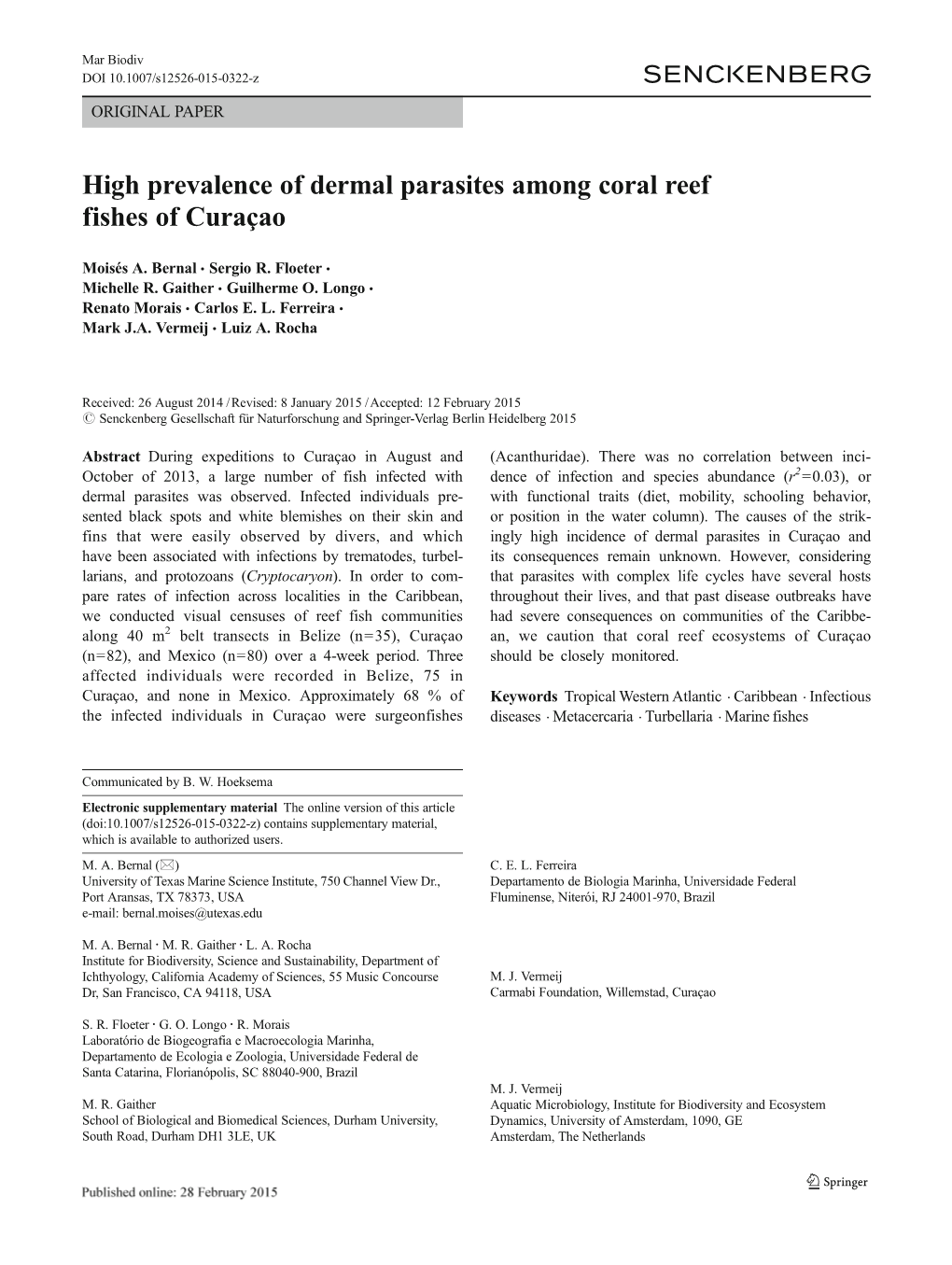 High Prevalence of Dermal Parasites Among Coral Reef Fishes of Curaçao