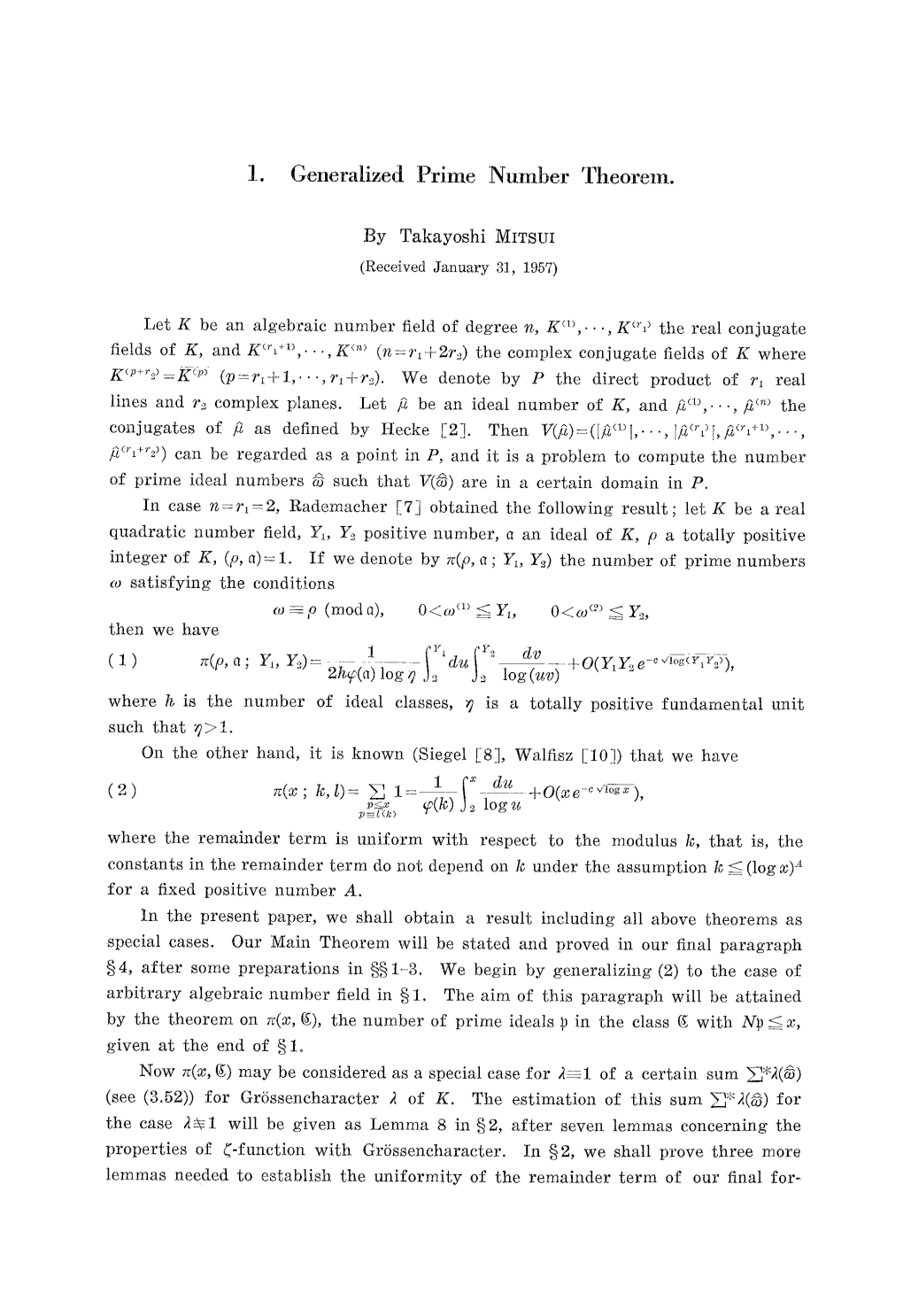 1. Generalized Prime Number Theorem. by Takayoshi MITSUI
