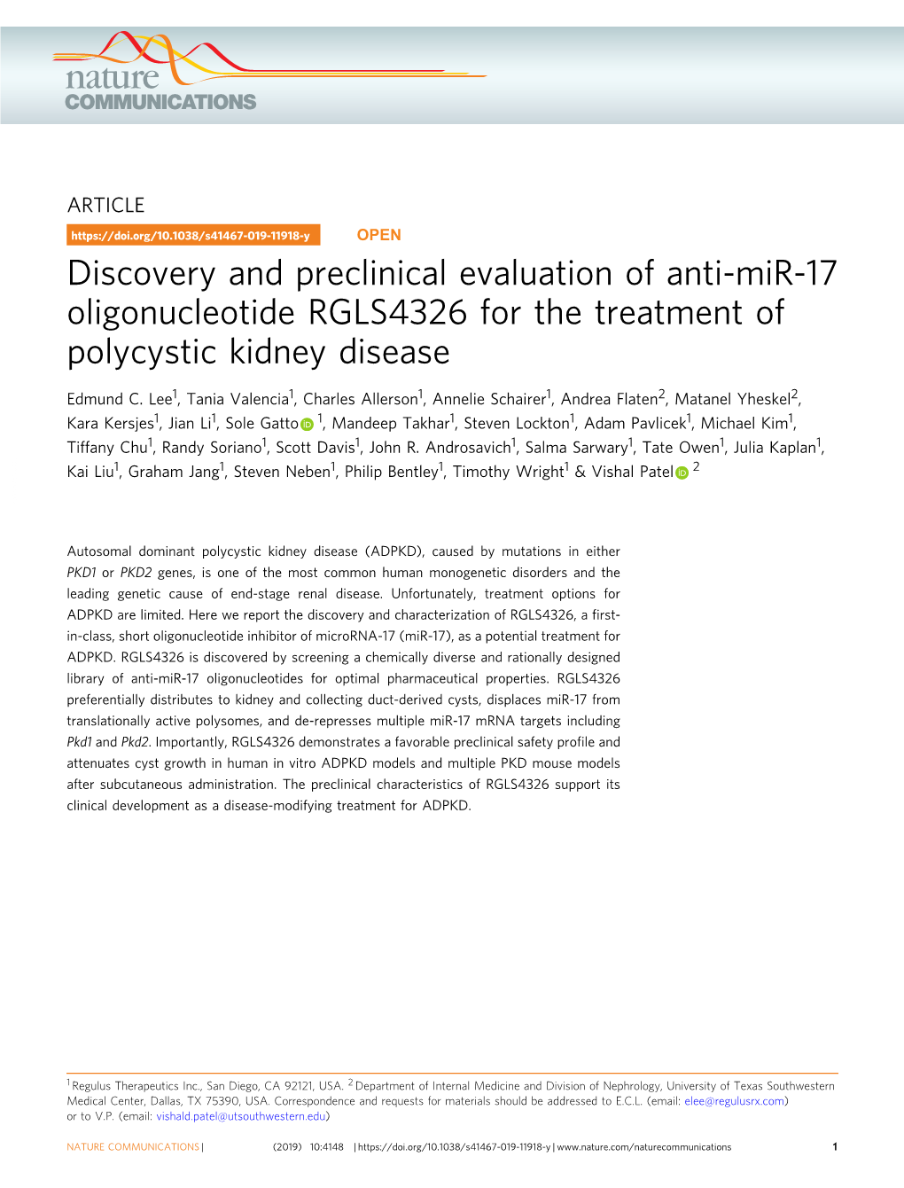 Discovery and Preclinical Evaluation of Anti-Mir-17 Oligonucleotide RGLS4326 for the Treatment of Polycystic Kidney Disease