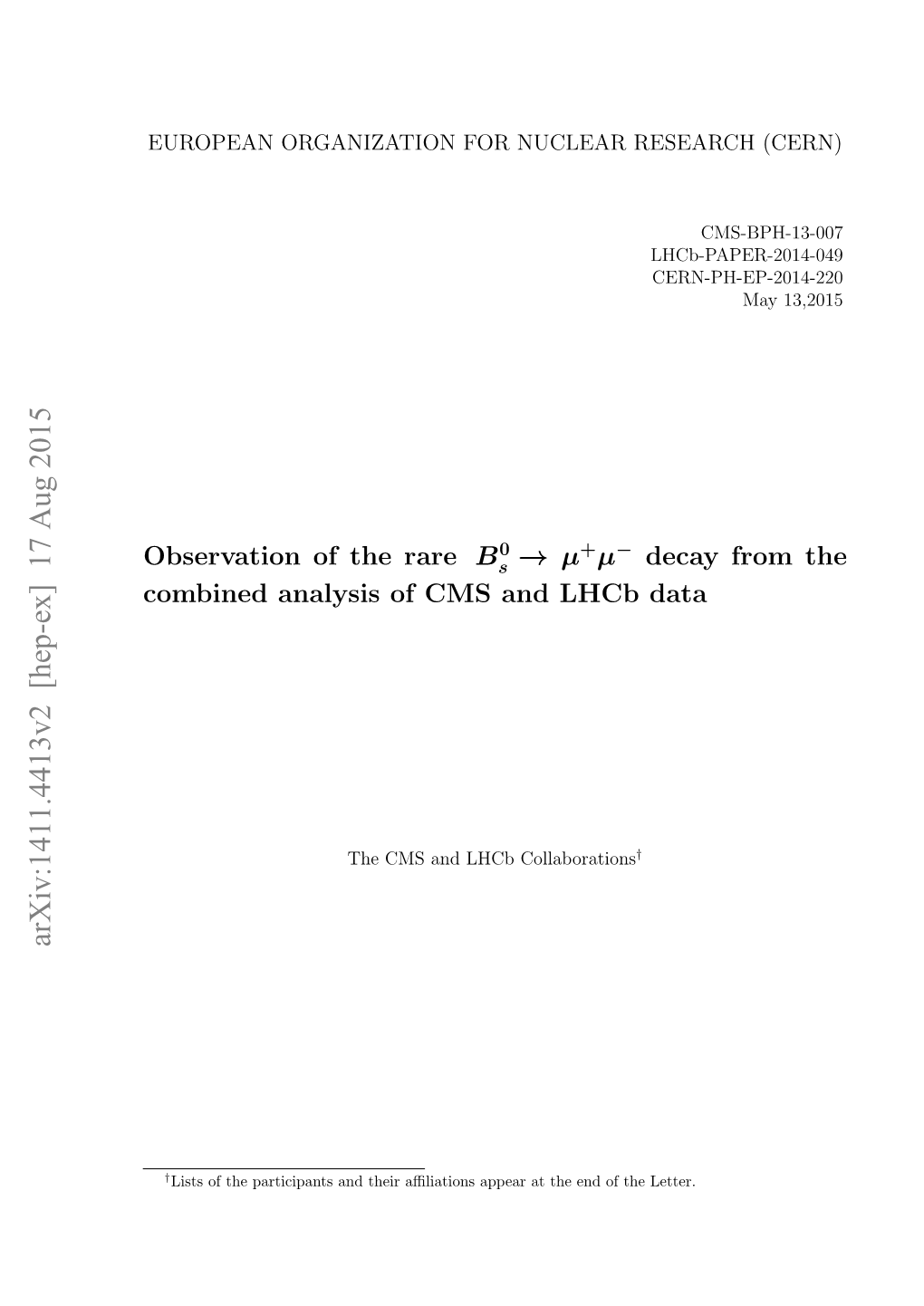 Observation of the Rare $ B^ 0 S\To\Mu^+\Mu^-$ Decay from The