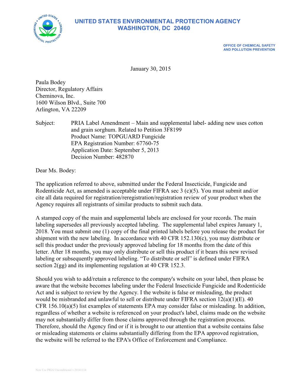 US EPA, Pesticide Product Label, TOPGUARD FUNGICIDE,01/30/2015