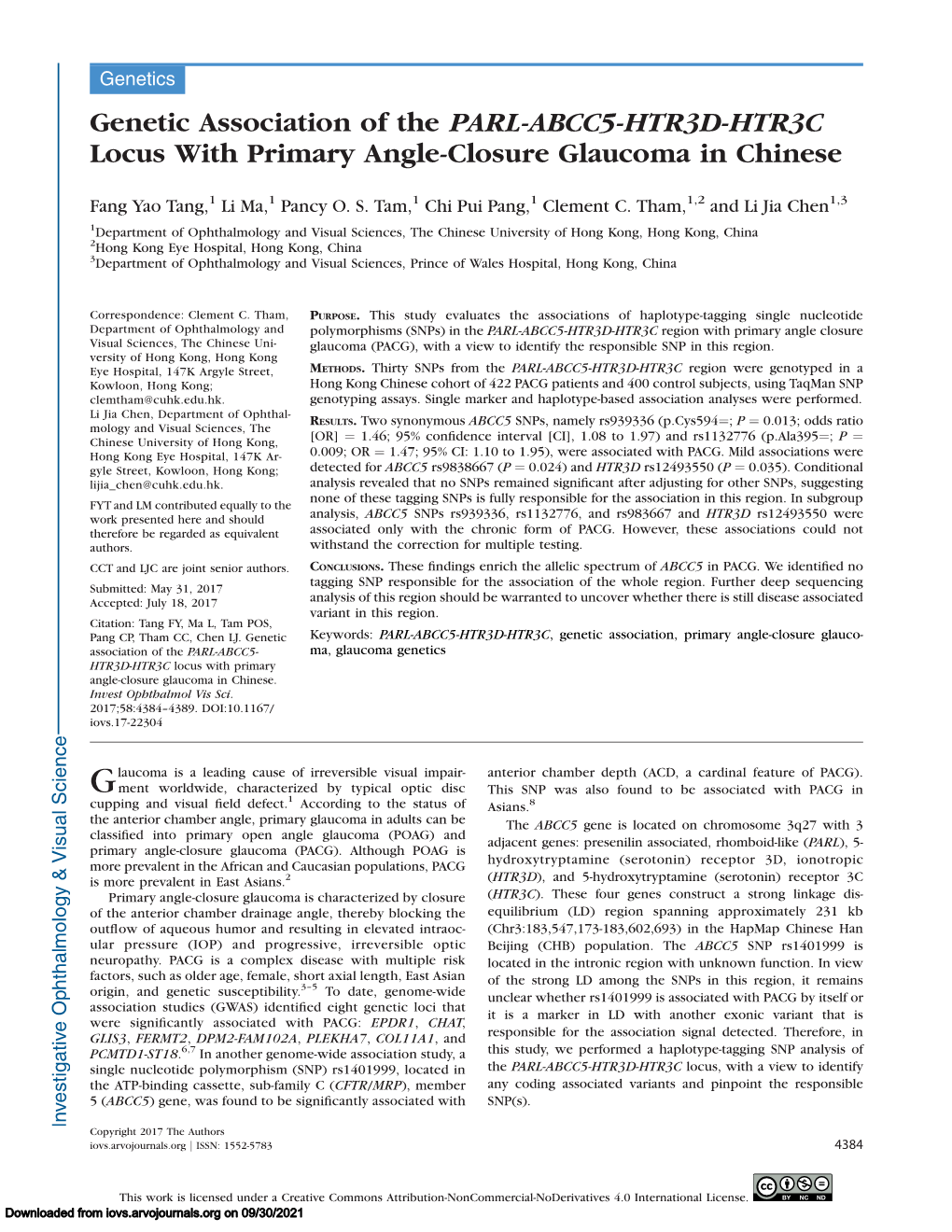 Genetic Association of the PARL-ABCC5-HTR3D-HTR3C Locus with Primary Angle-Closure Glaucoma in Chinese
