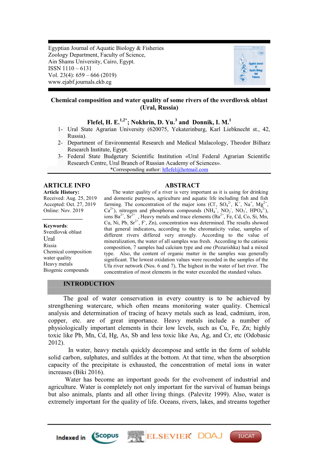 Chemical Composition and Water Quality of Some Rivers of the Sverdlovsk Oblast (Ural, Russia)