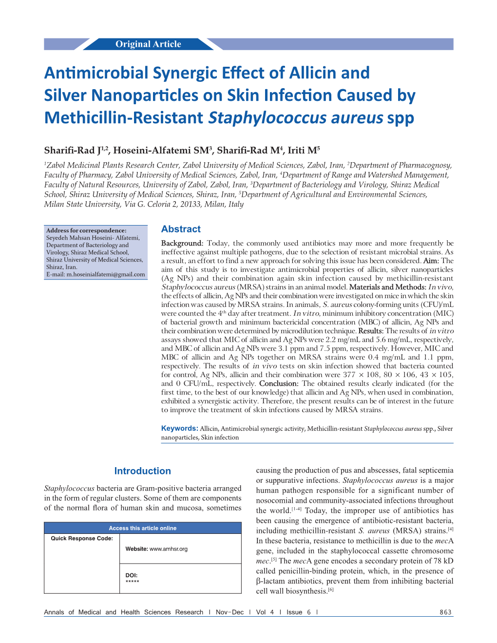 Antimicrobial Synergic Effect of Allicin and Silver Nanoparticles on Skin Infection Caused by Methicillin‑Resistant Staphylococcus Aureus Spp