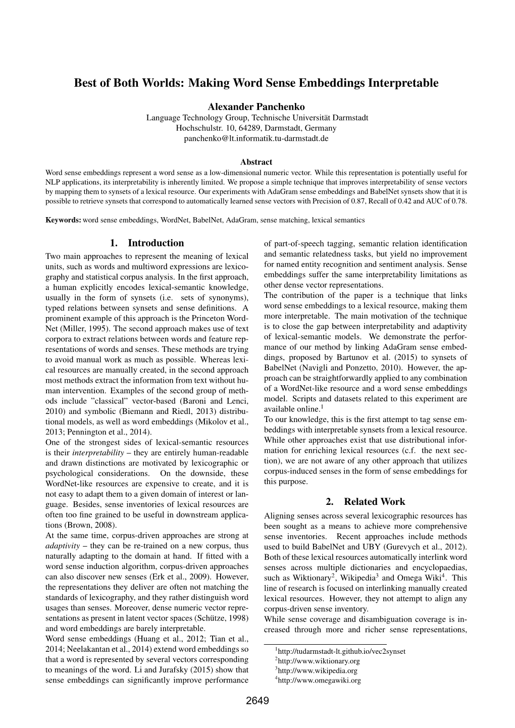 Making Word Sense Embeddings Interpretable