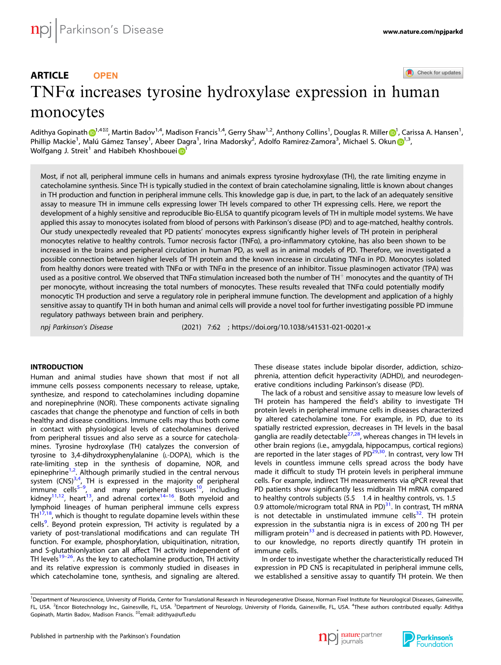 Tnfα Increases Tyrosine Hydroxylase Expression in Human Monocytes