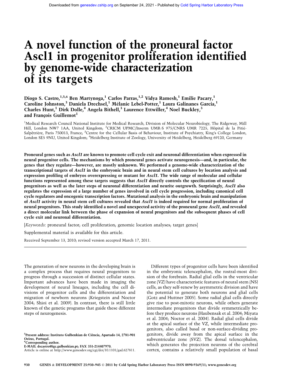 A Novel Function of the Proneural Factor Ascl1 in Progenitor Proliferation Identified by Genome-Wide Characterization of Its Targets