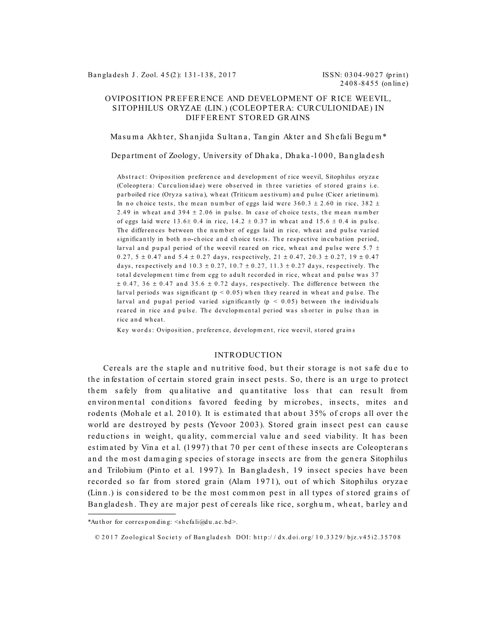 Oviposition Preference and Development of Rice Weevil, Sitophilus Oryzae (Lin.) (Coleoptera: Curculionidae) in Different Stored Grains