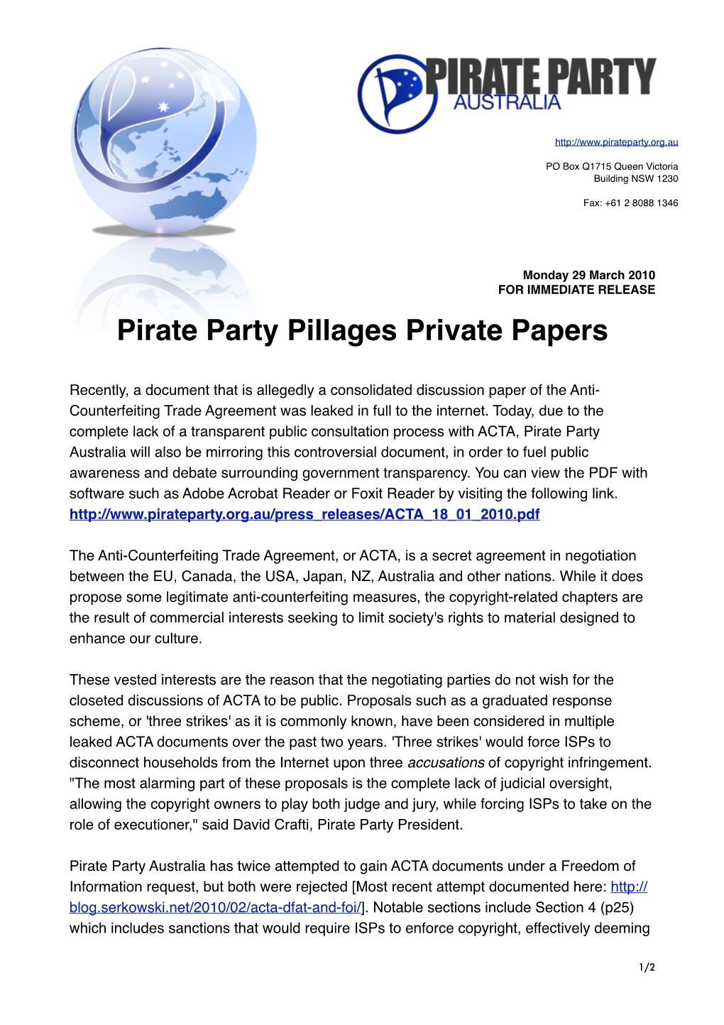 Pirate Party Pillages Private Papers