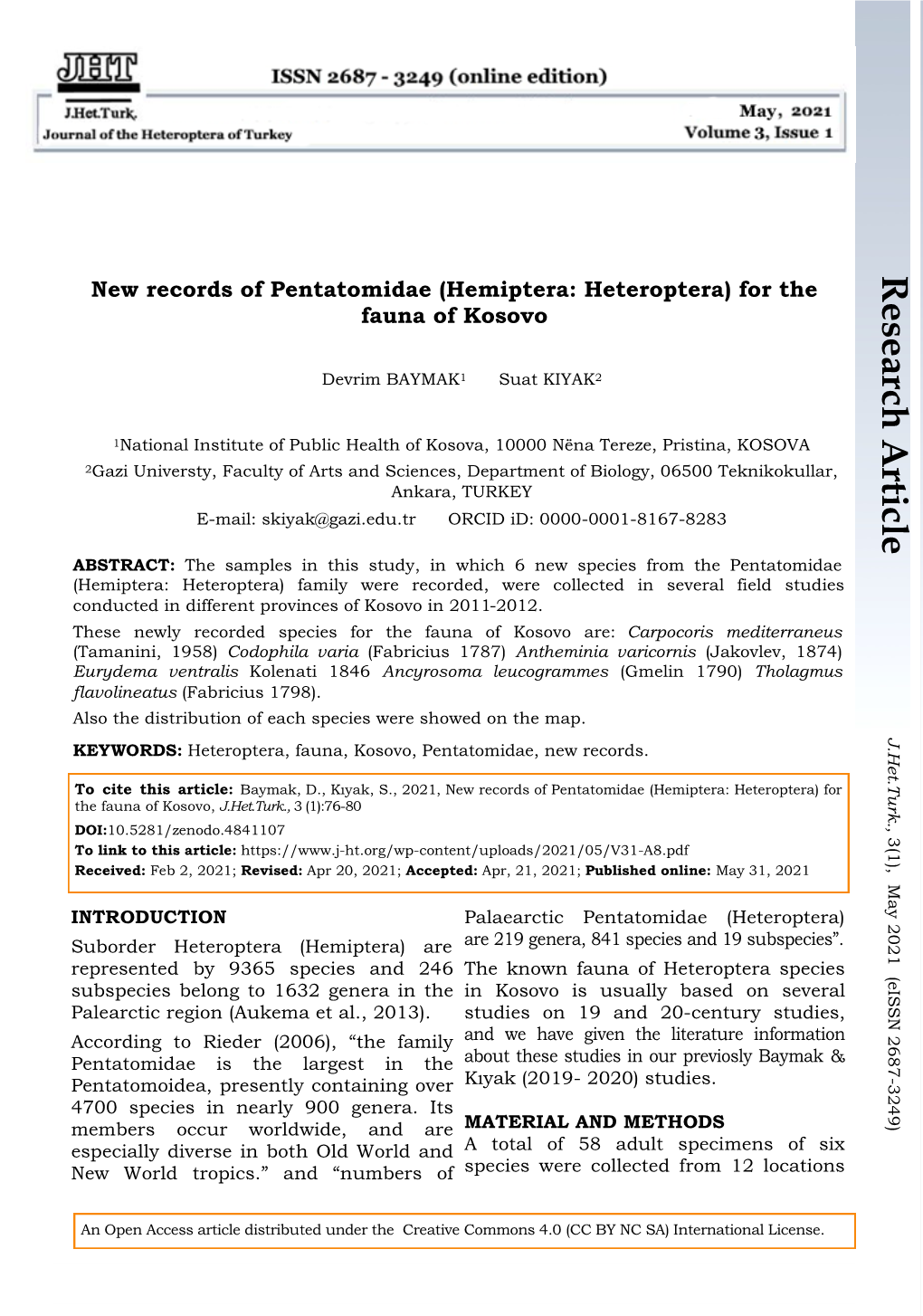 Research Article New Records of Pentatomidae (Hemiptera: Heteroptera) for the Fauna of Kosovo