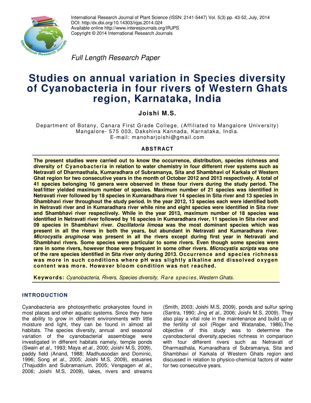 Studies on Annual Variation in Species Diversity of Cyanobacteria in Four Rivers of Western Ghats Region, Karnataka, India