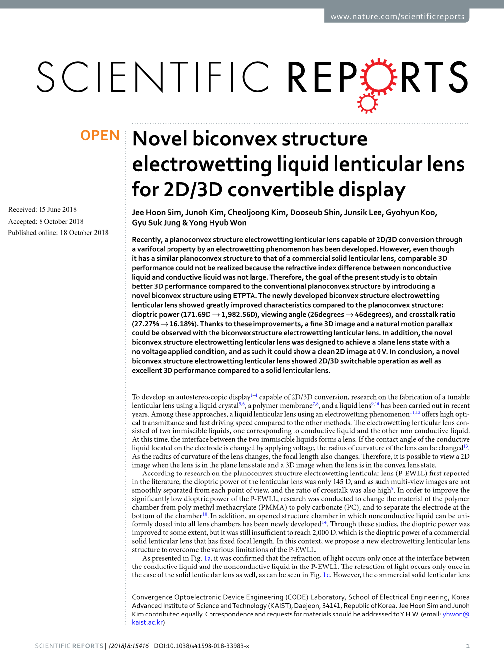 Novel Biconvex Structure Electrowetting Liquid Lenticular Lens for 2D/3D Convertible Display