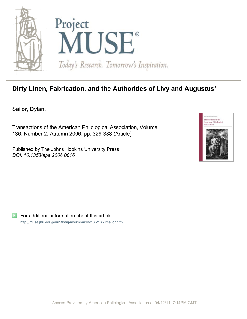 Dirty Linen, Fabrication, and the Authorities of Livy and Augustus*