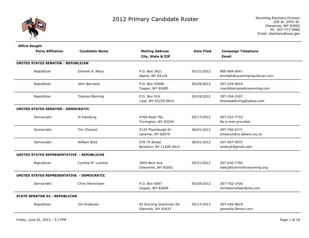 2012 Primary Candidate Roster 200 W