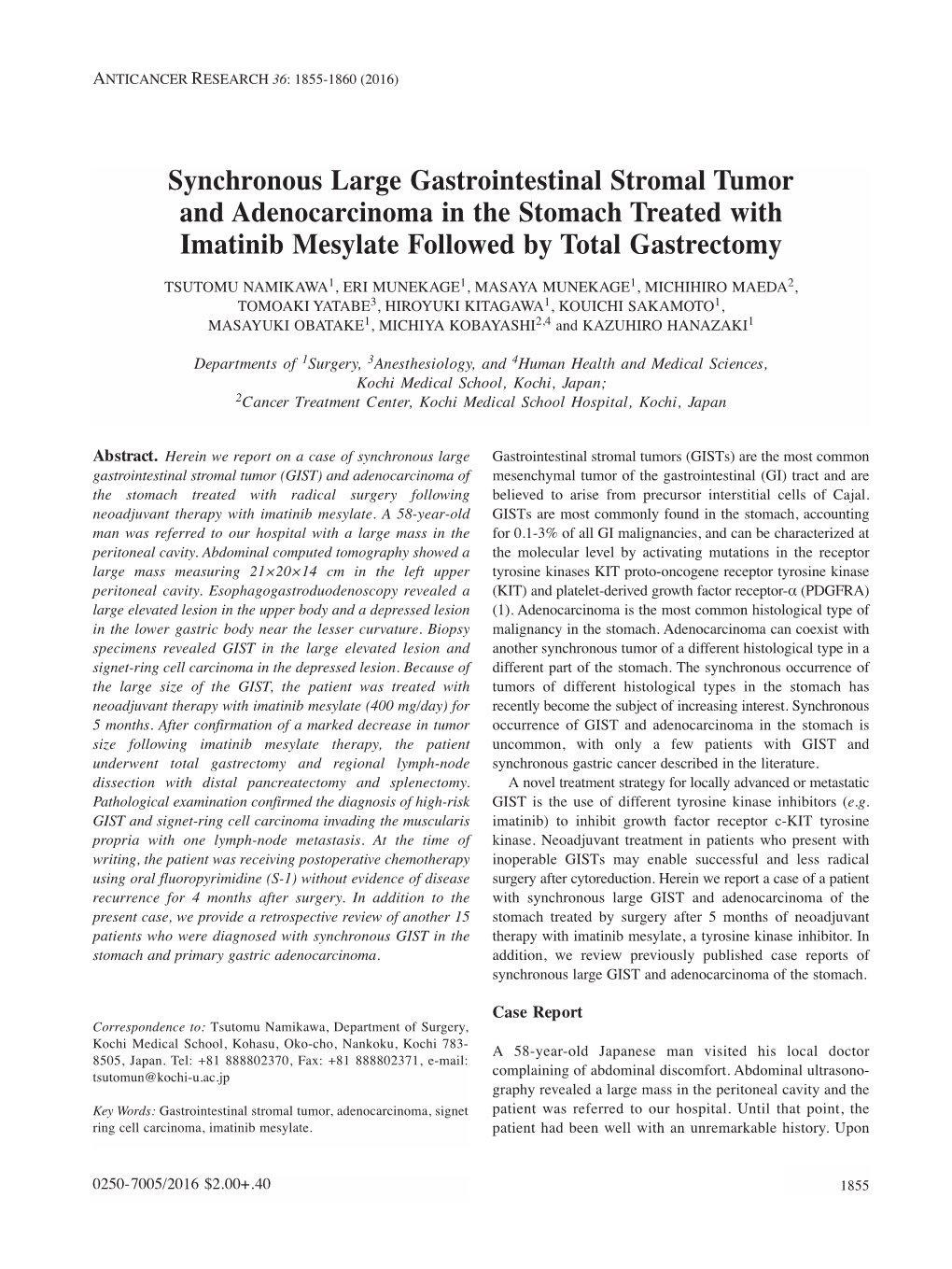 Synchronous Large Gastrointestinal Stromal Tumor and Adenocarcinoma in the Stomach Treated with Imatinib Mesylate Followed by Total Gastrectomy