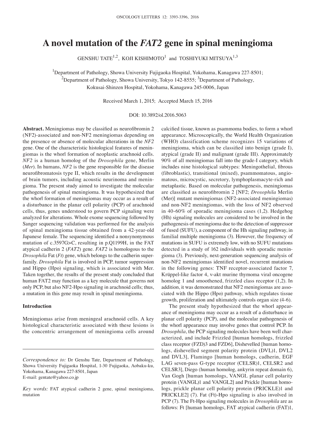 A Novel Mutation of the FAT2 Gene in Spinal Meningioma