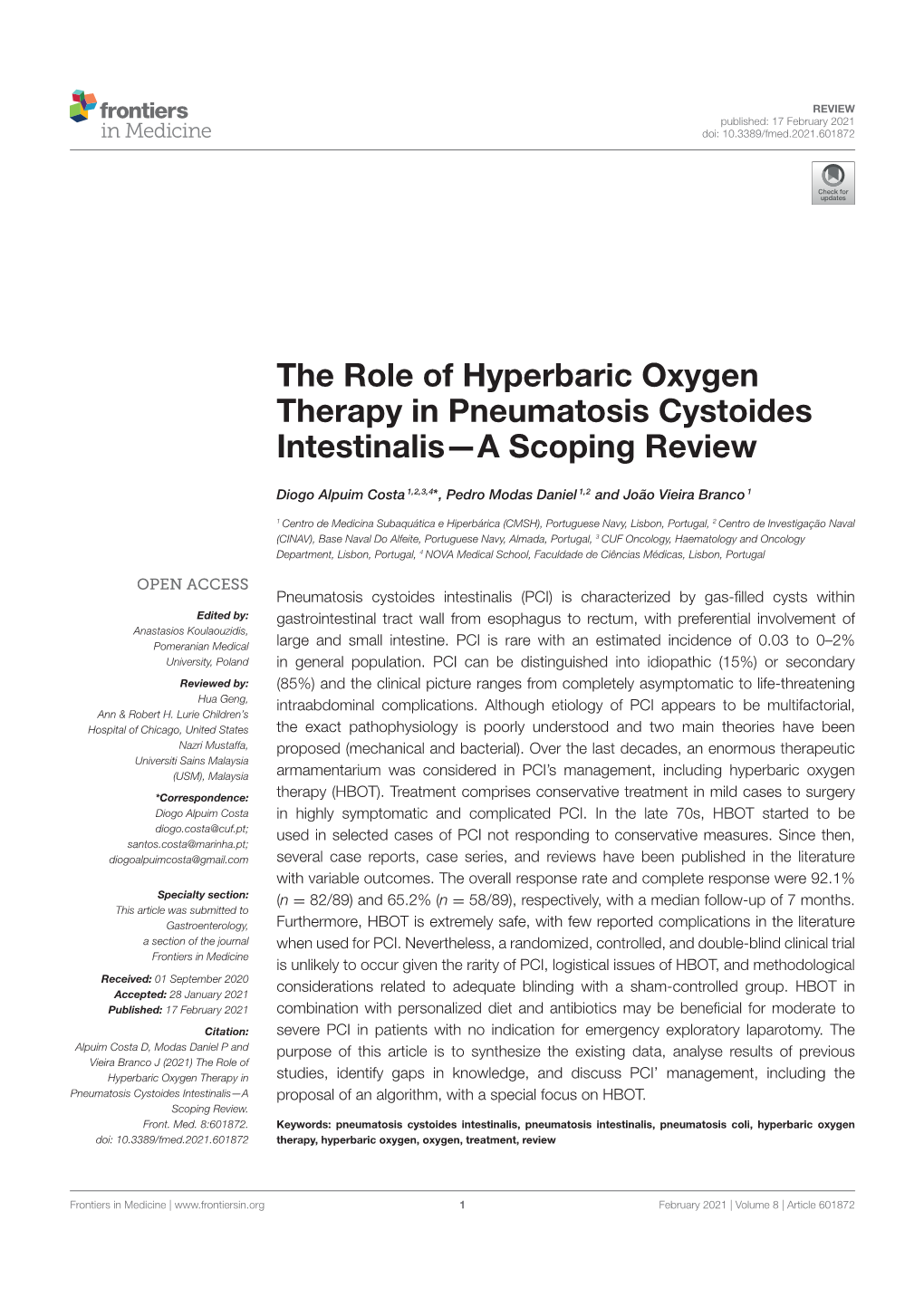 The Role of Hyperbaric Oxygen Therapy in Pneumatosis Cystoides Intestinalis—A Scoping Review