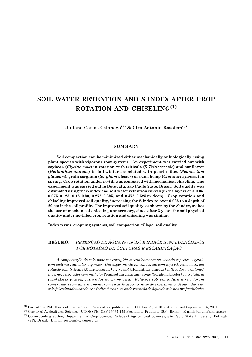 Soil Water Retention and S Index After Crop Rotation and Chiseling 1927