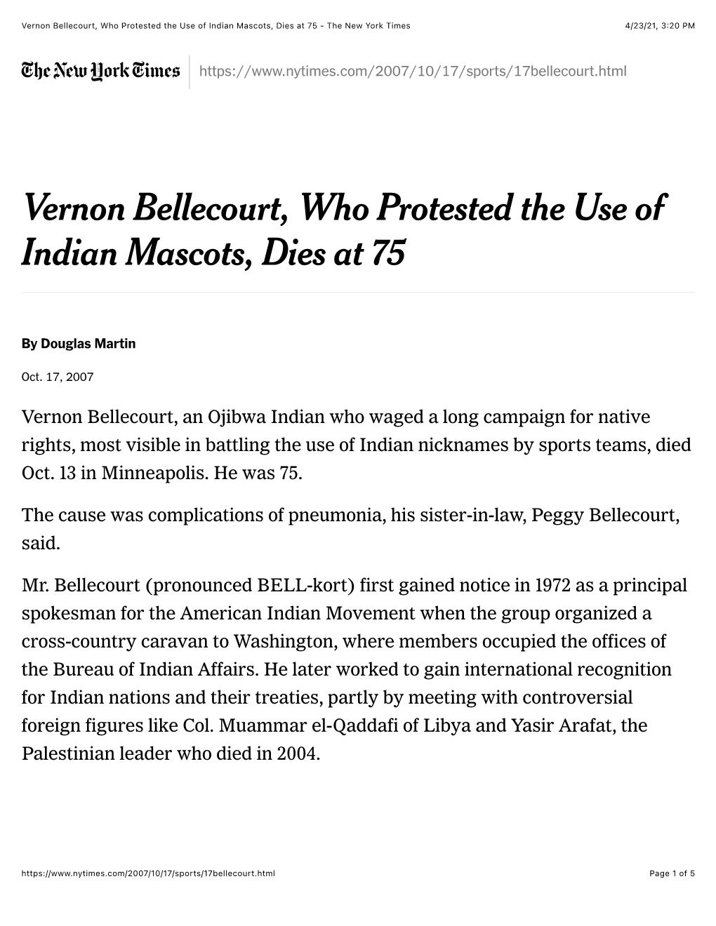 Vernon Bellecourt, Who Protested the Use of Indian Mascots, Dies at 75 - the New York Times 4/23/21, 3:20 PM