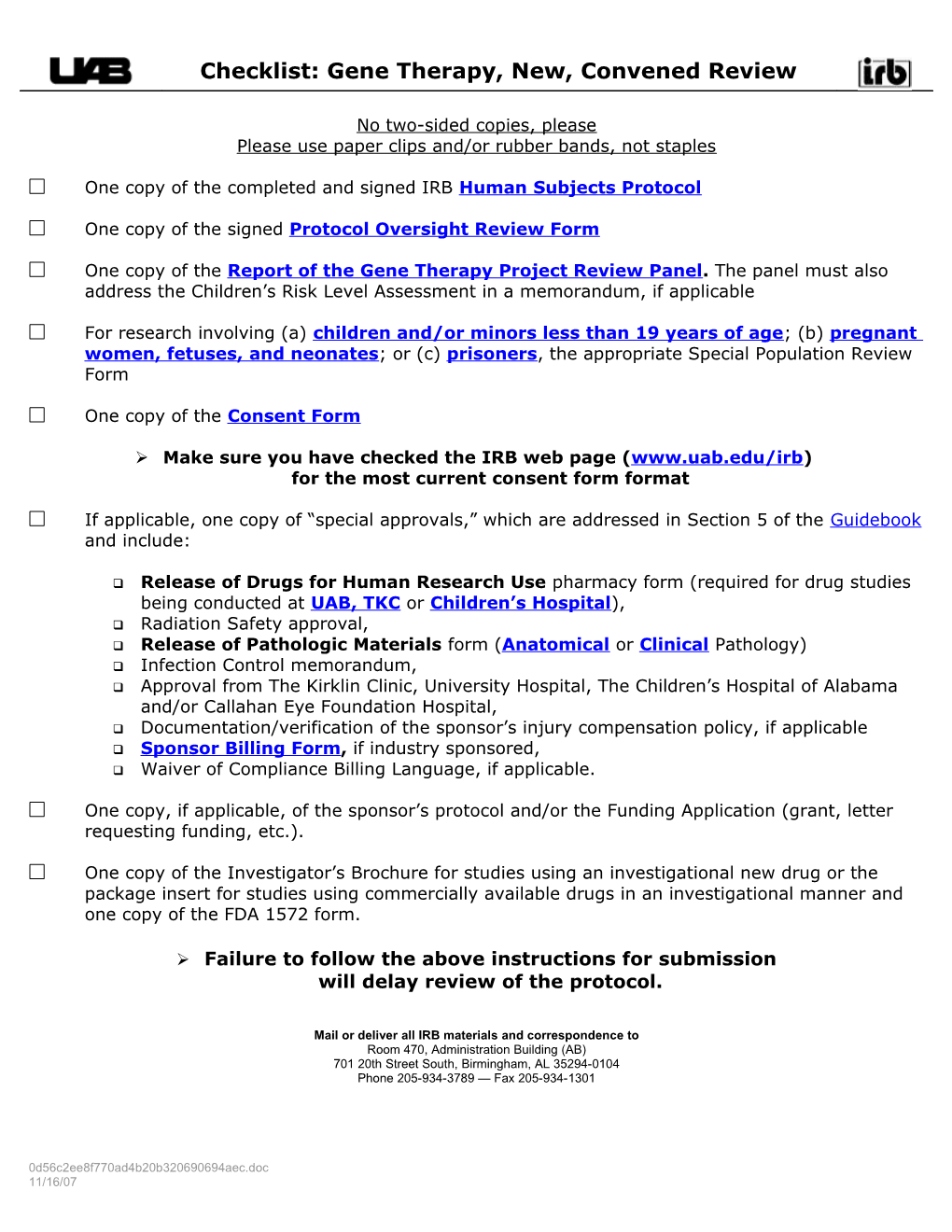 Gene Therapy Full Submission Checklist