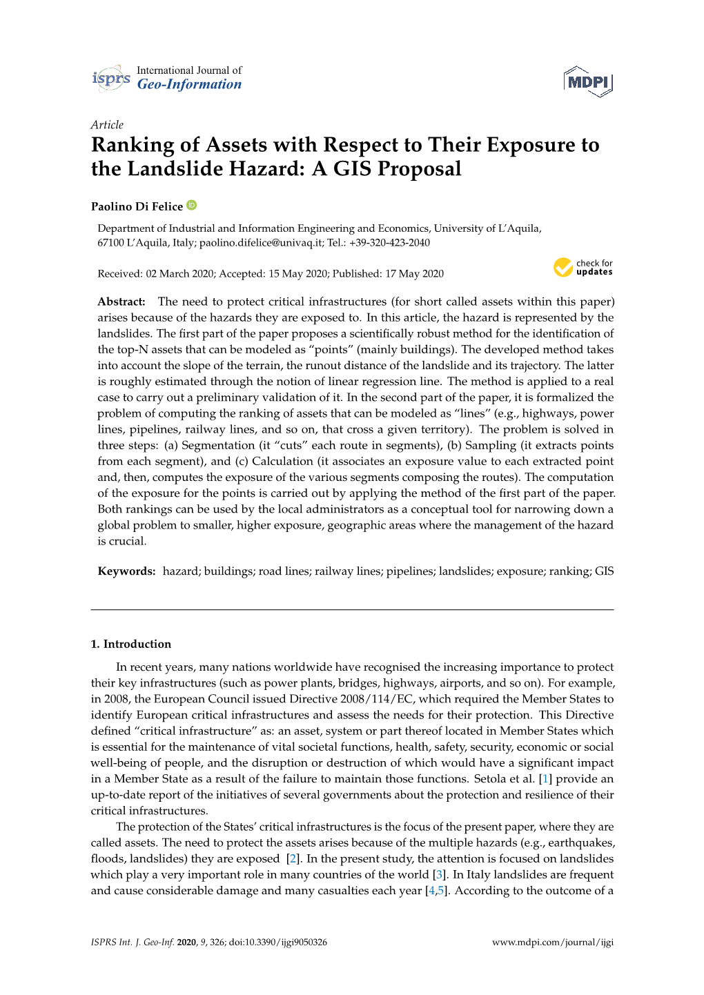 Ranking of Assets with Respect to Their Exposure to the Landslide Hazard: a GIS Proposal