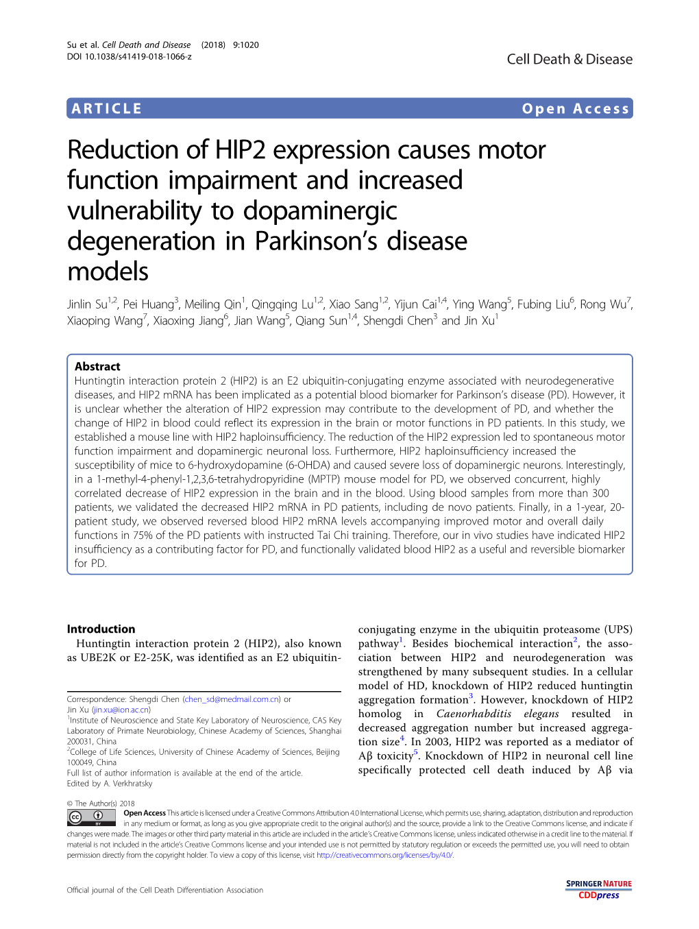 Reduction of HIP2 Expression Causes Motor Function Impairment and Increased Vulnerability to Dopaminergic Degeneration in Parkin