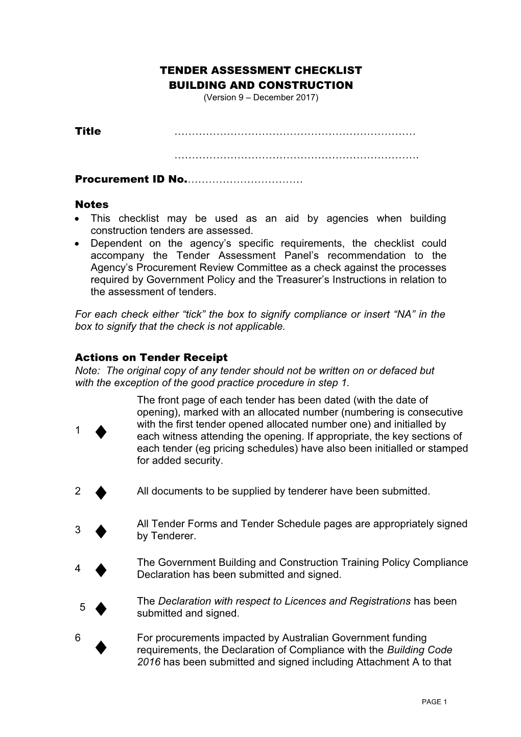 Tender Assessment Checklist - Building and Construction