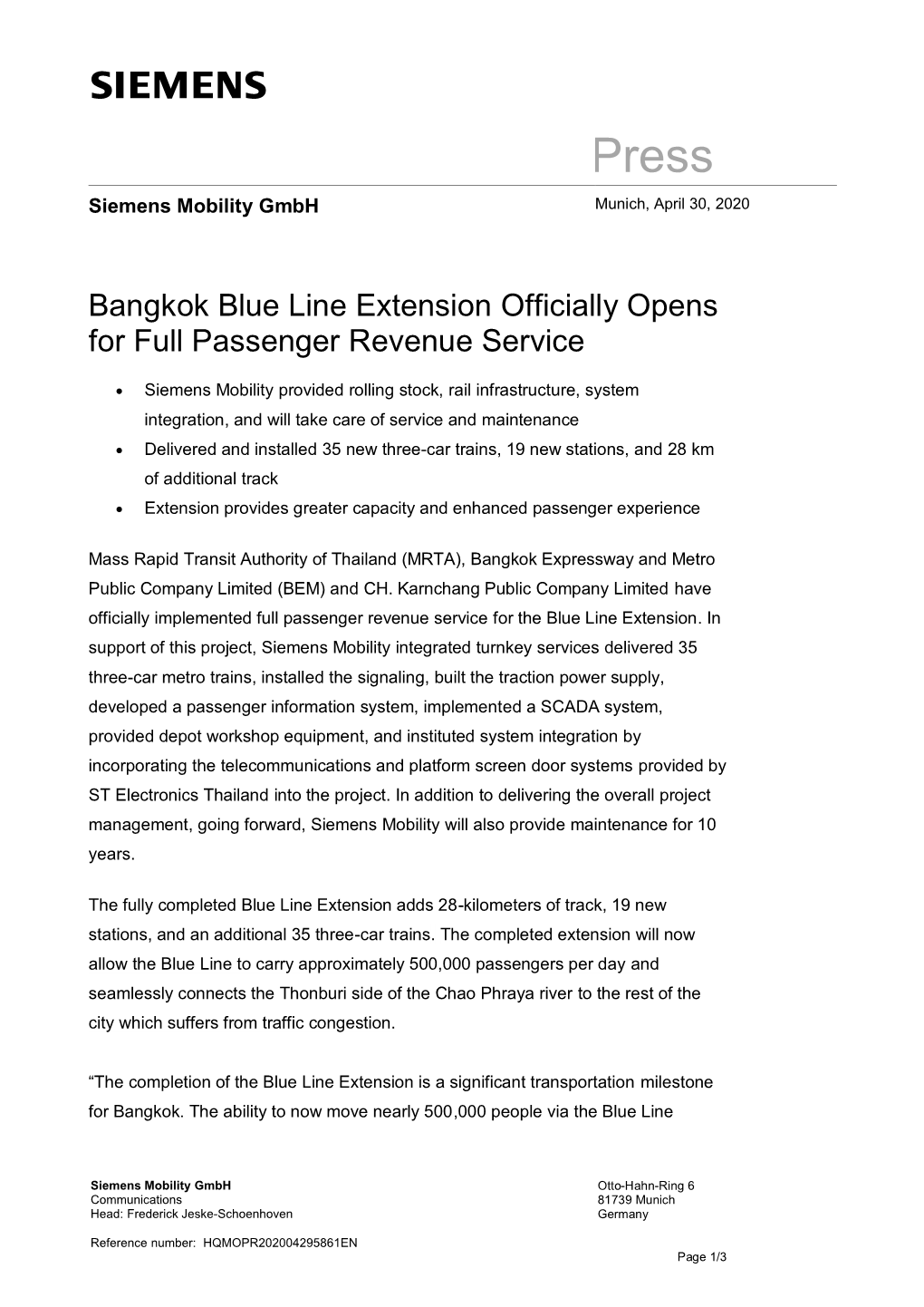 Bangkok Blue Line Extension Officially Opens for Full Passenger Revenue Service