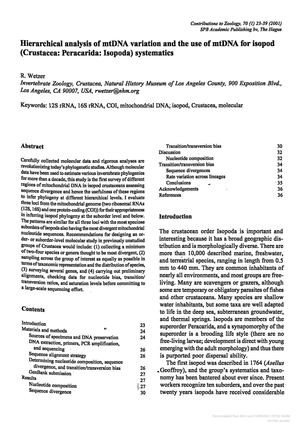 Contributions to Zoology, 70 (1) 23-39 (2001)