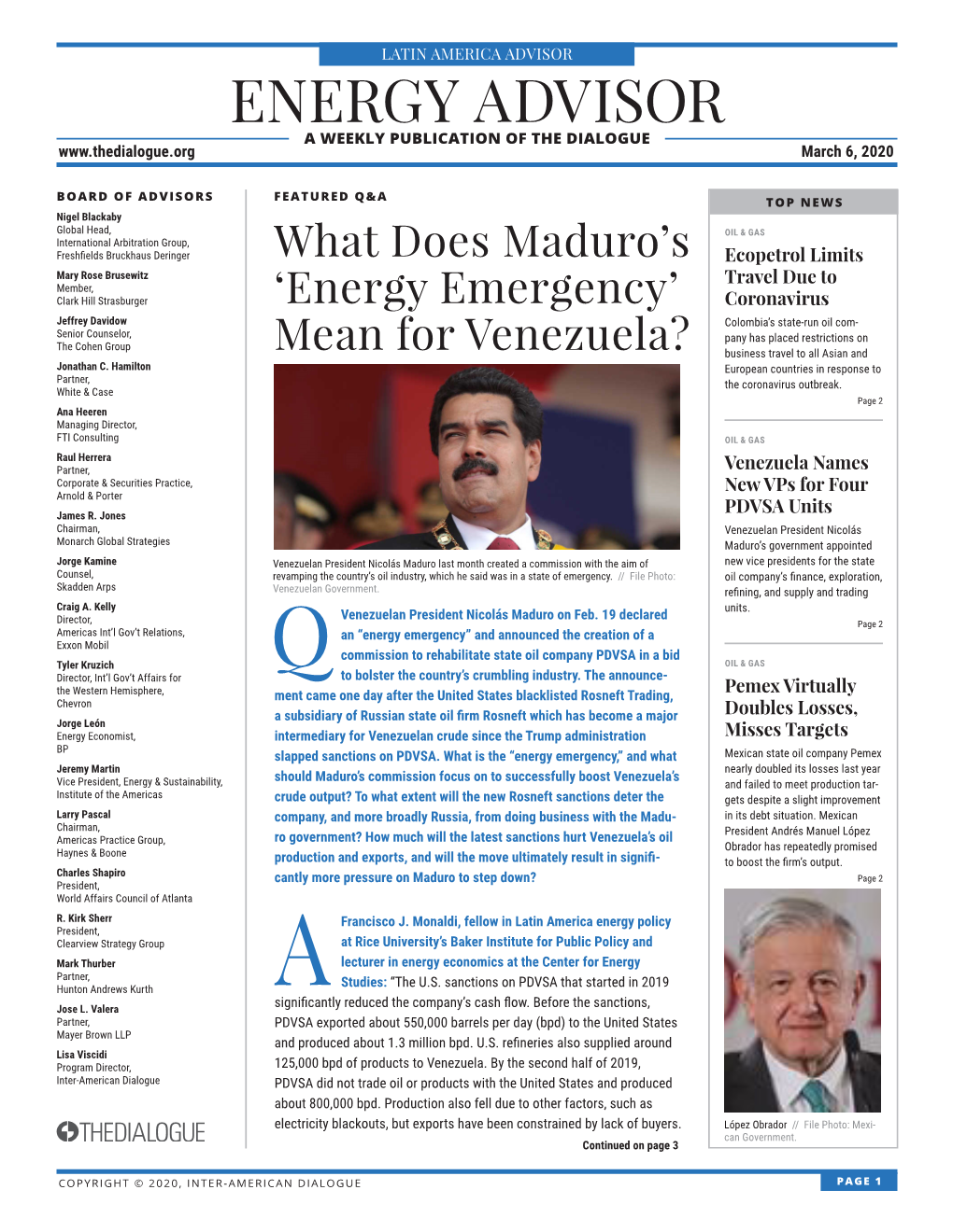 ENERGY ADVISOR a WEEKLY PUBLICATION of the DIALOGUE March 6, 2020