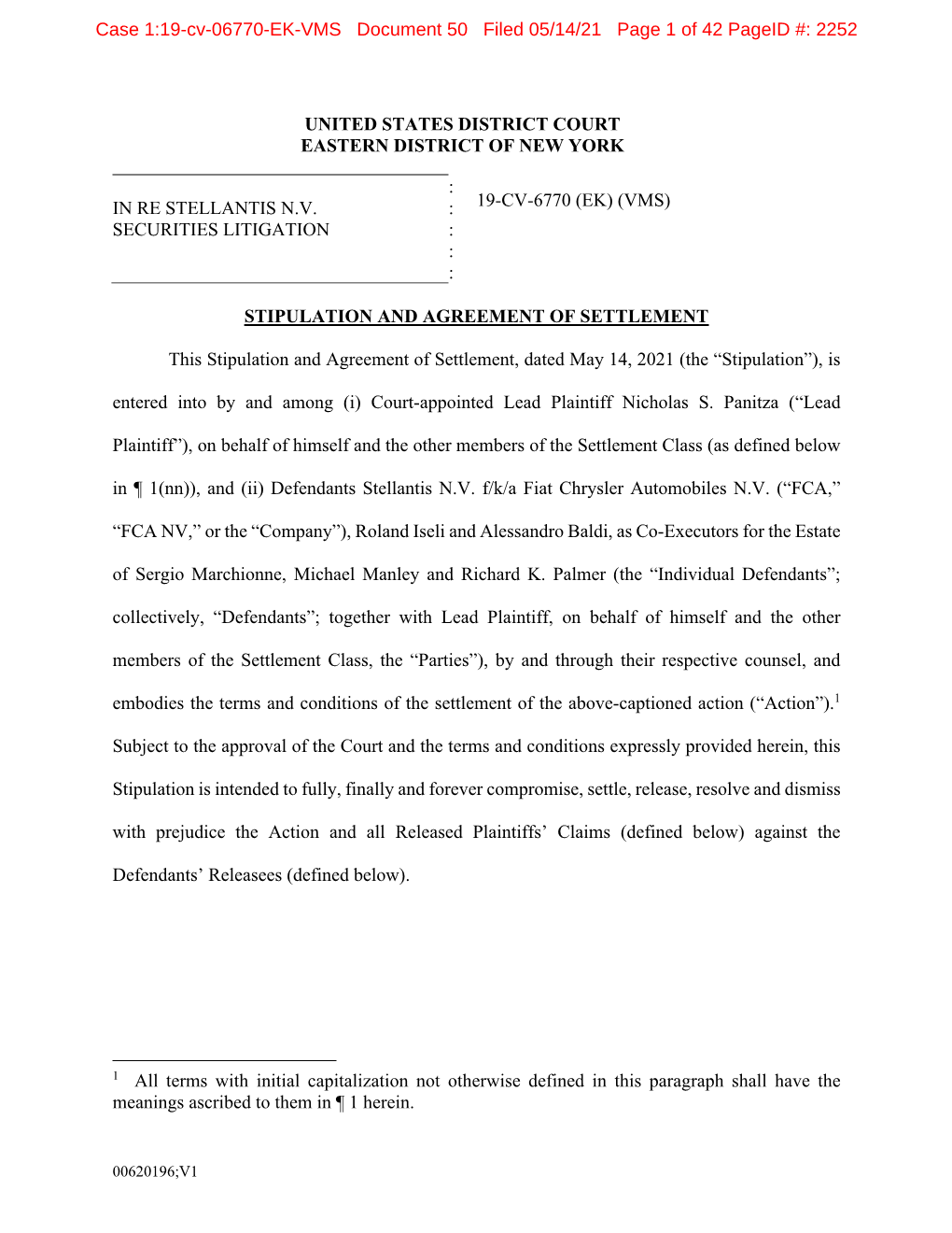 In Re Stellantis N.V. Securities Litigation 19-CV-06770-Stipulation