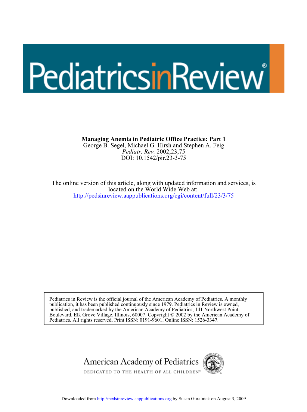 Managing Anemia in Pediatric Office Practice: Part 1 George B