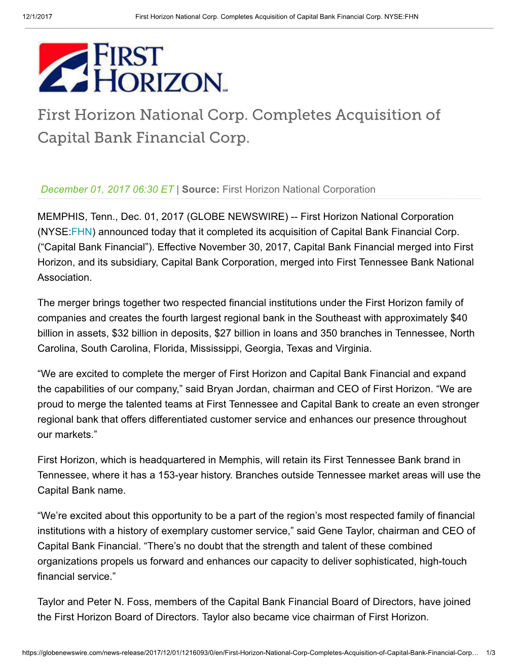 First Horizon National Corp. Completes Acquisition of Capital Bank Financial Corp