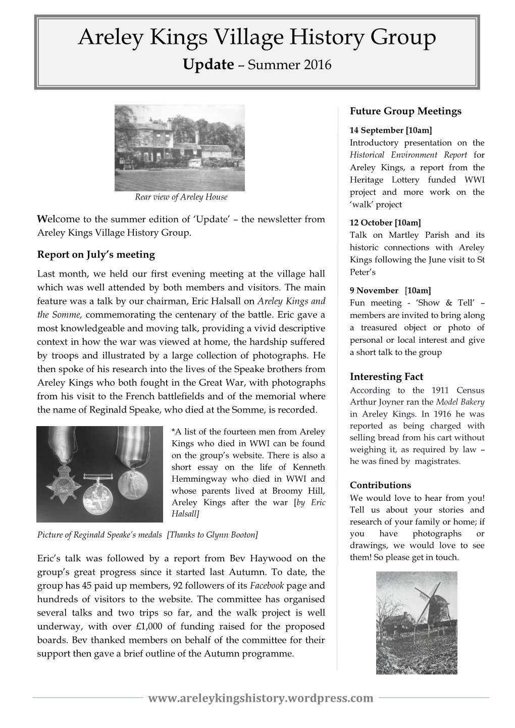 Areley Kings Village History Group Update – Summer 2016