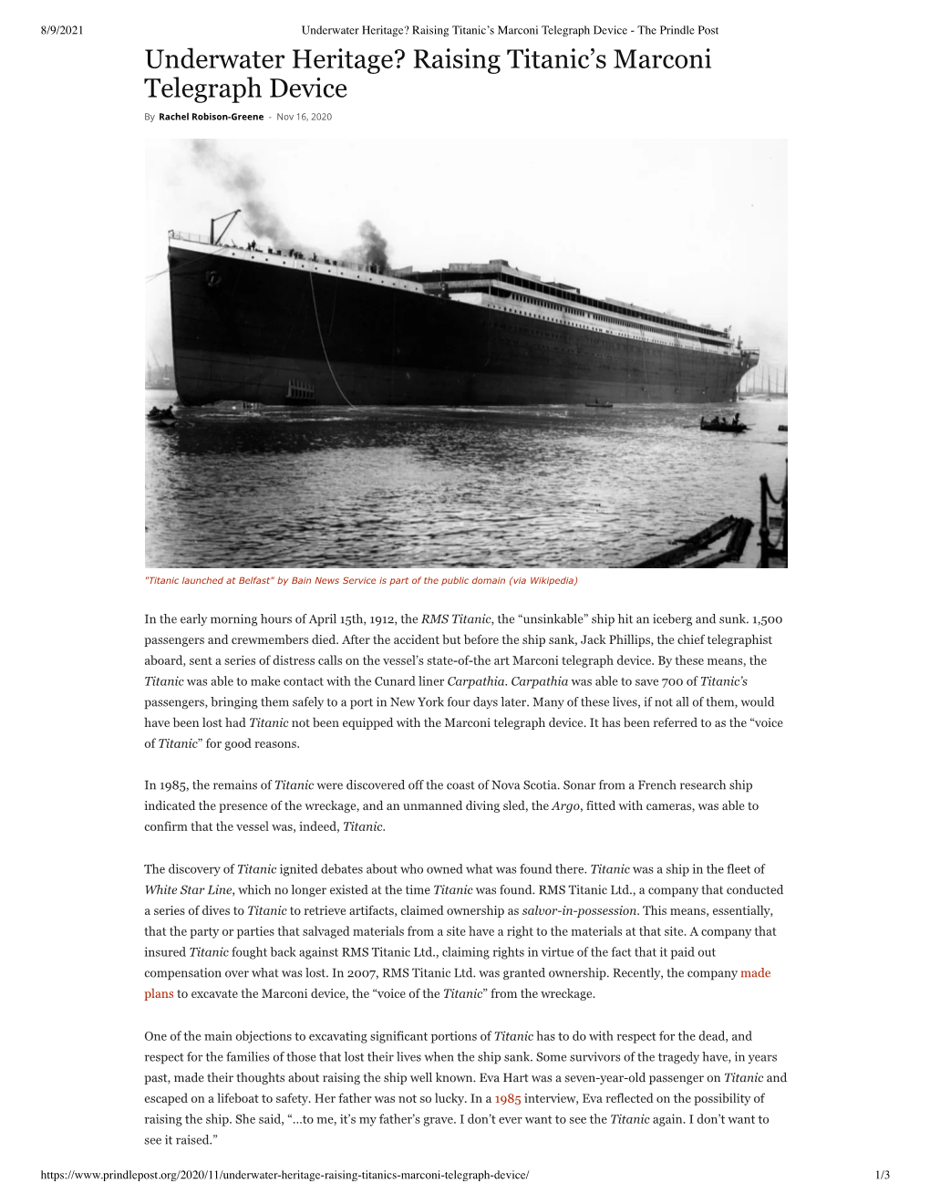 Underwater Heritage? Raising Titanic's Marconi Telegraph Device