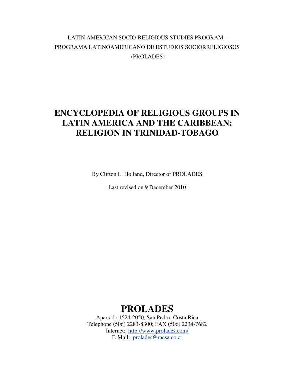 Religion in Trinidad & Tabago, 2009