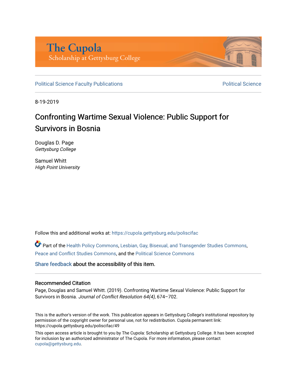 Confronting Wartime Sexual Violence: Public Support for Survivors in Bosnia