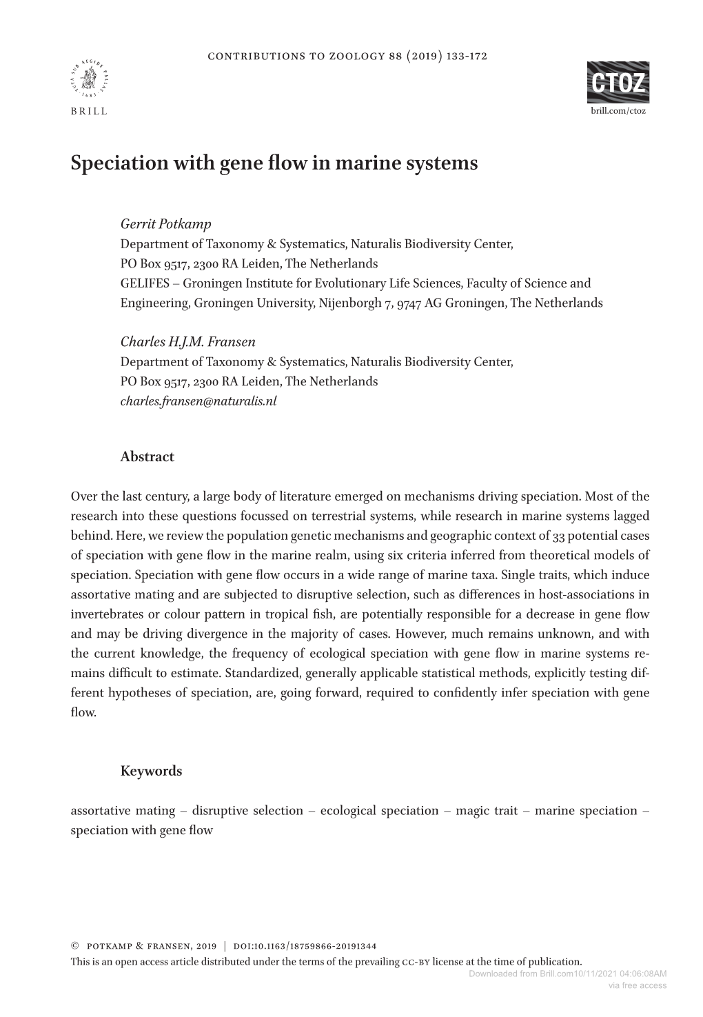 Speciation with Gene Flow in Marine Systems