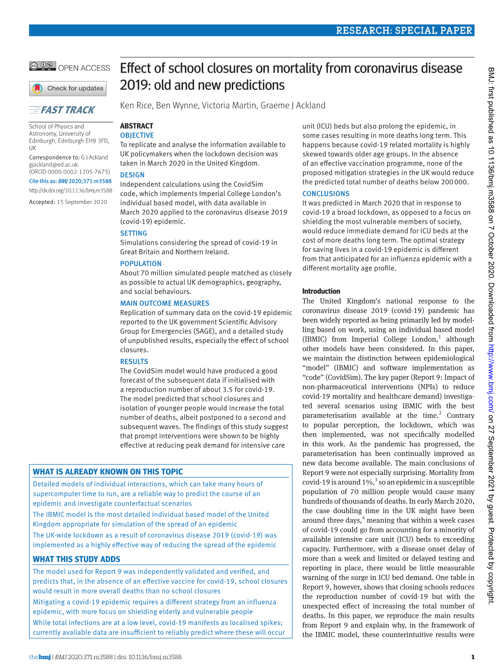 Effect of School Closures on Mortality from Coronavirus Disease BMJ: First Published As 10.1136/Bmj.M3588 on 7 October 2020