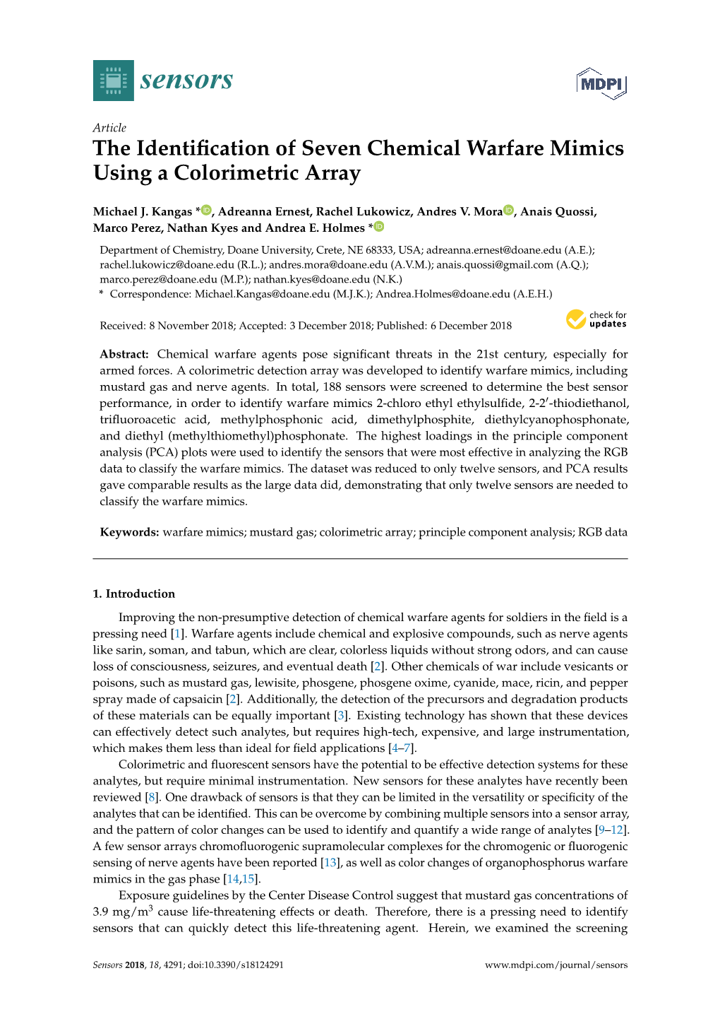 The Identification of Seven Chemical Warfare Mimics Using A