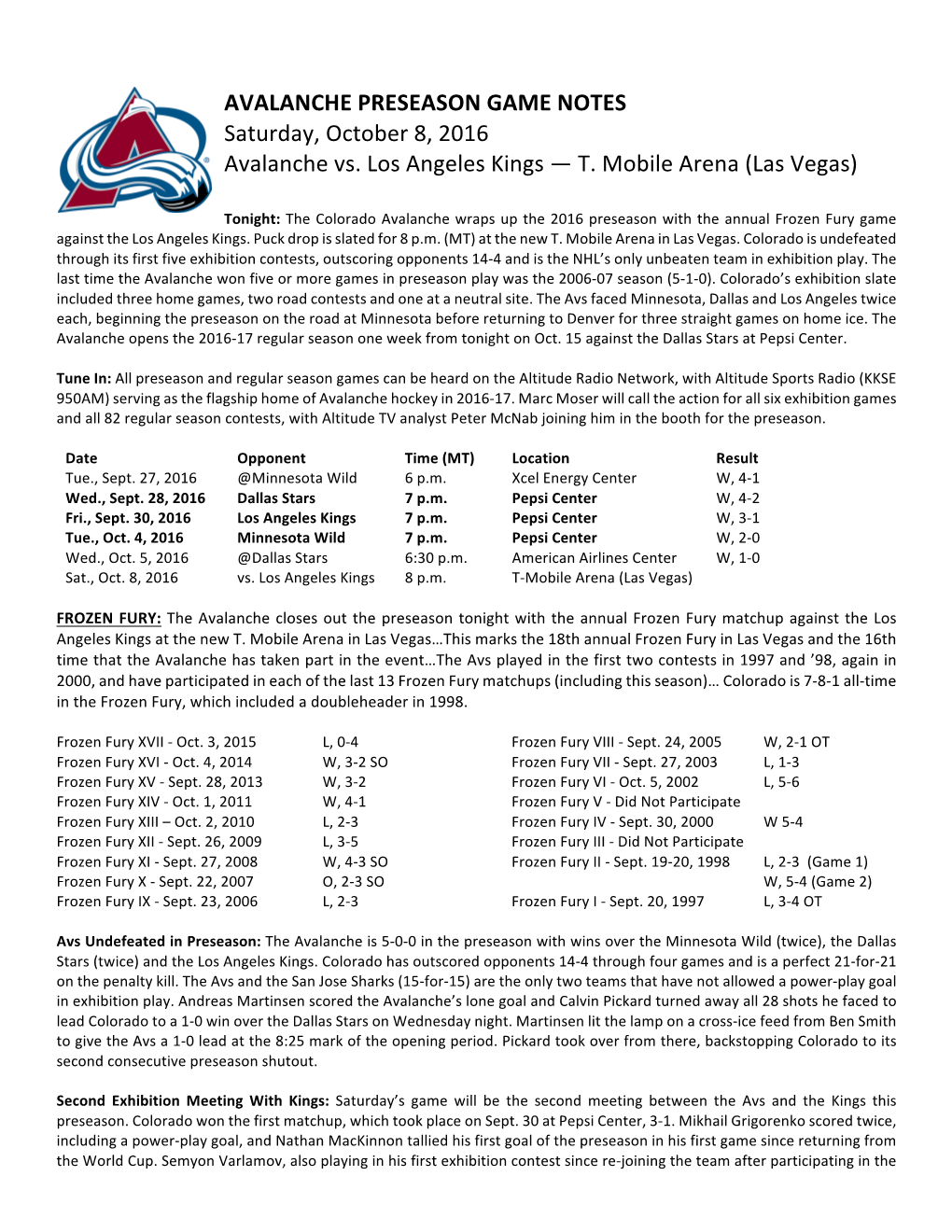 AVALANCHE PRESEASON GAME NOTES Saturday, October 8, 2016 Avalanche Vs