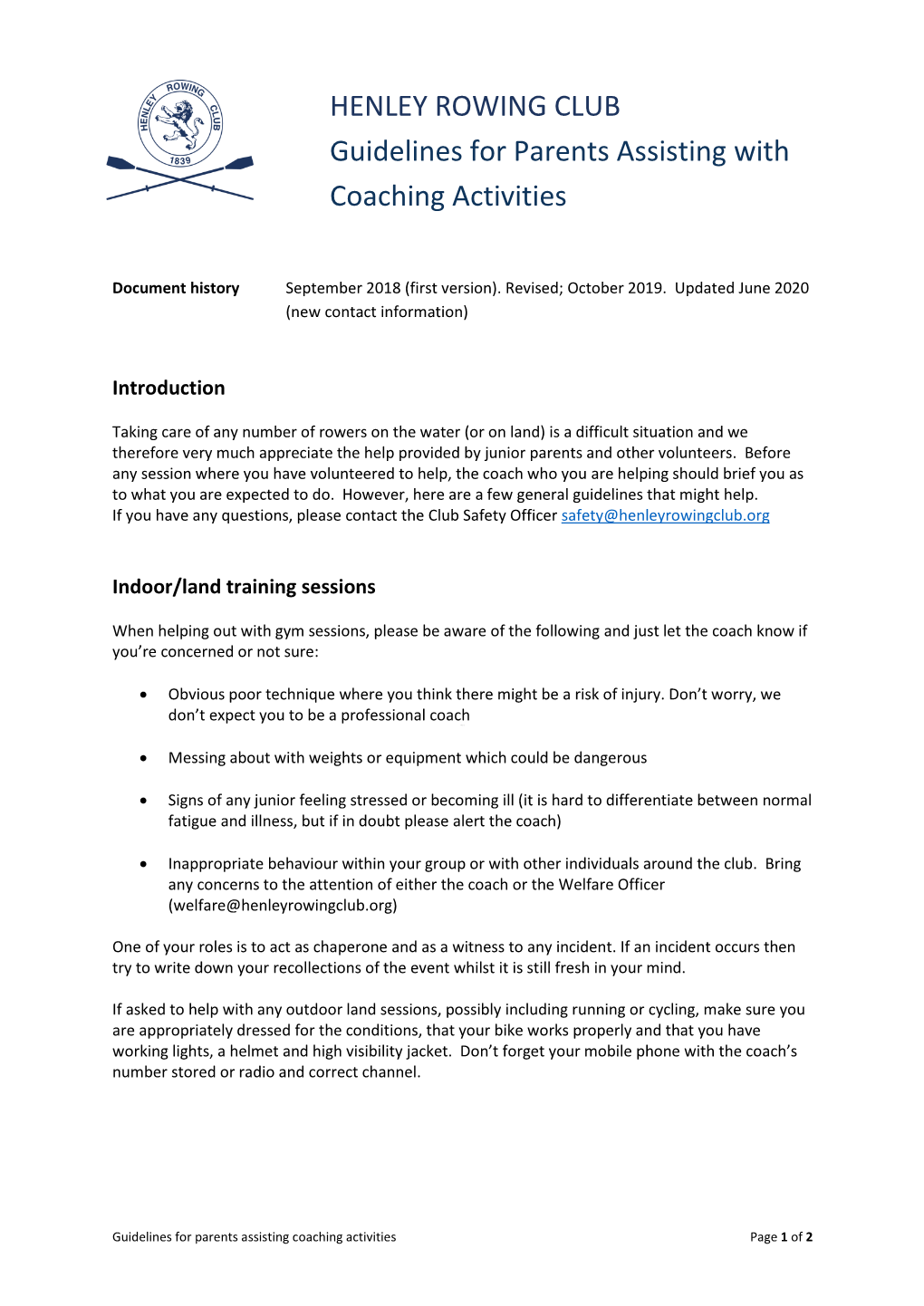 HENLEY ROWING CLUB Guidelines for Parents Assisting with Coaching Activities