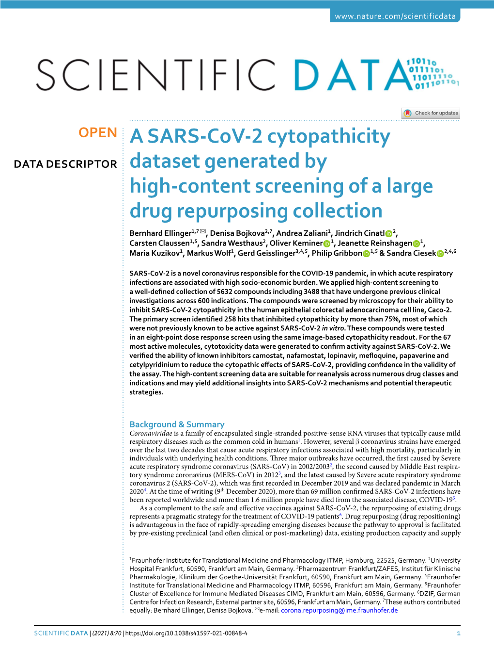 A SARS-Cov-2 Cytopathicity Dataset Generated by High-Content Screening of a Large Drug Repurposing Collection