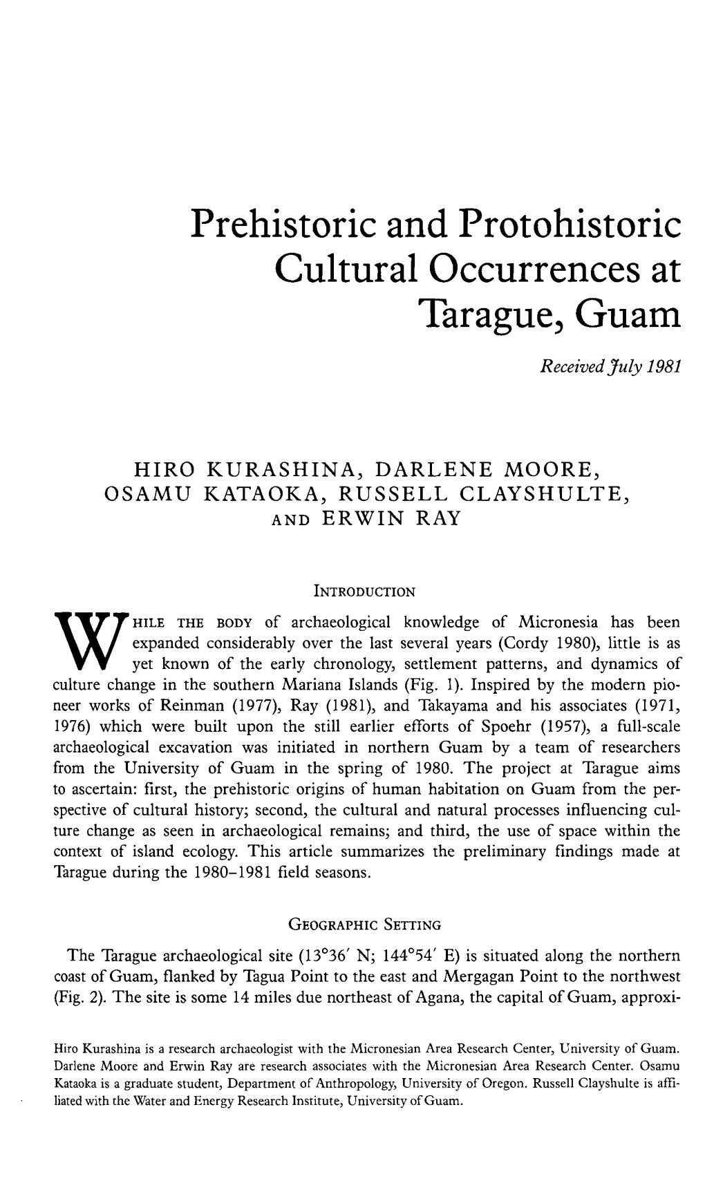 Prehistoric and Protohistoric Cultural Occurrences at Tarague, Guam