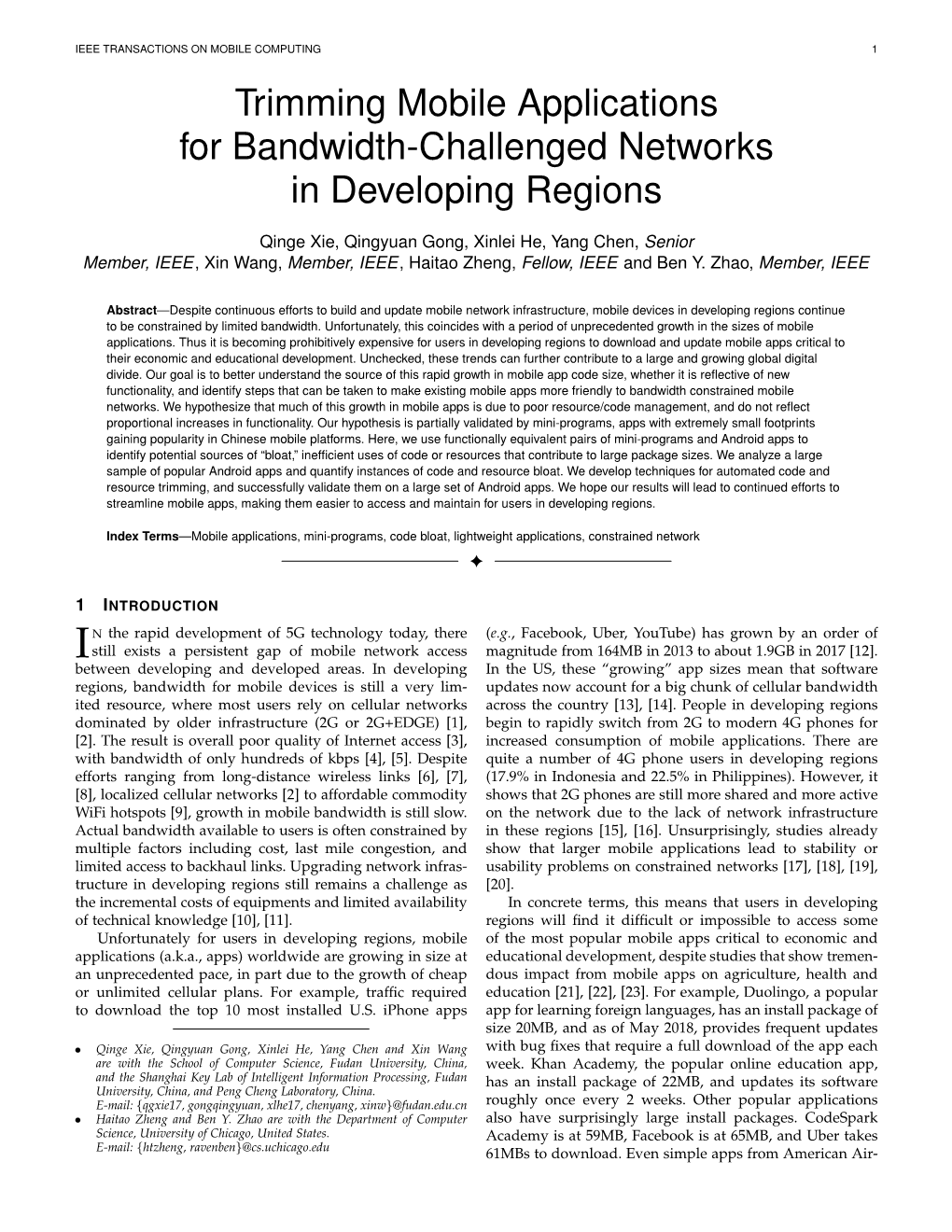 Trimming Mobile Applications for Bandwidth-Challenged Networks in Developing Regions