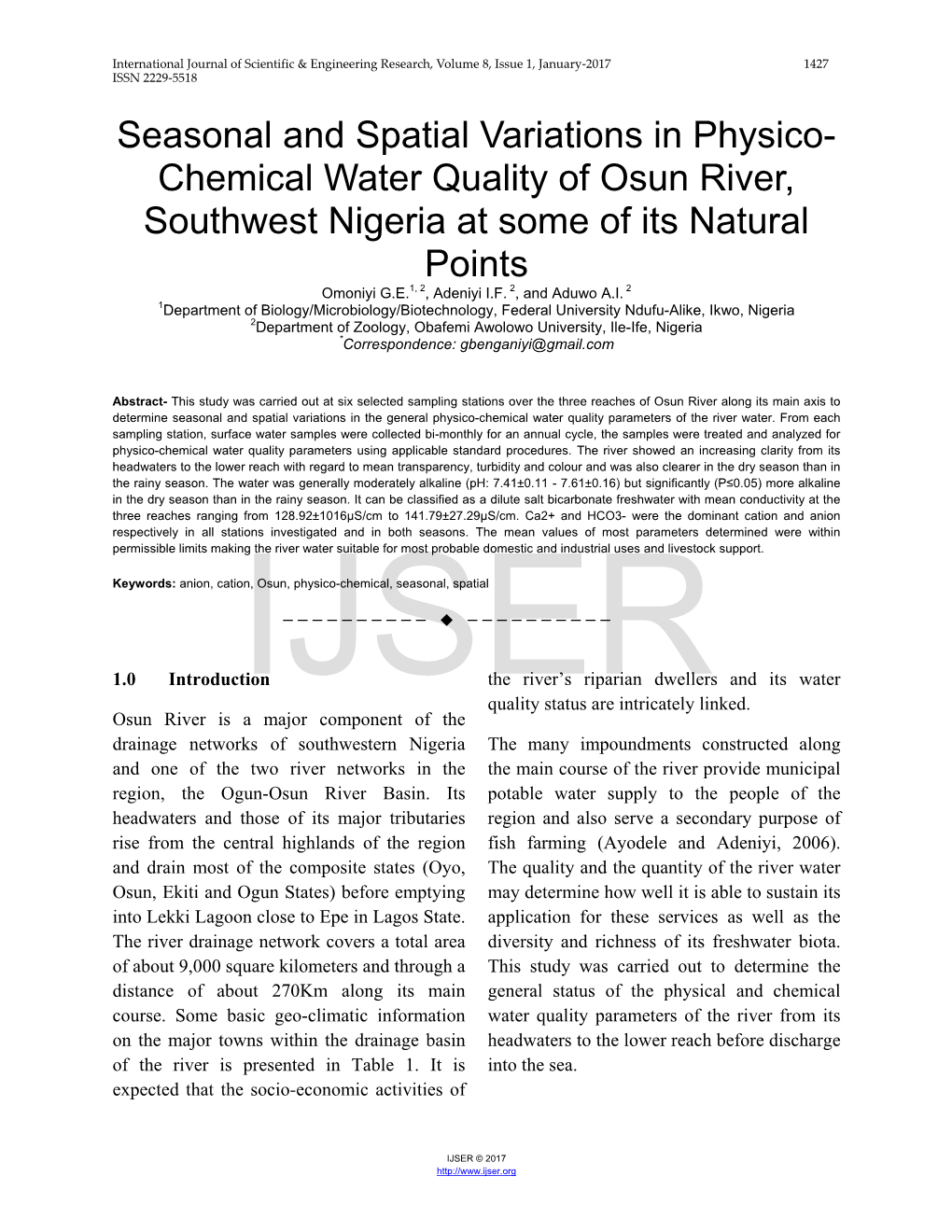 Seasonal and Spatial Variations in Physico-Chemical Water Quality Of