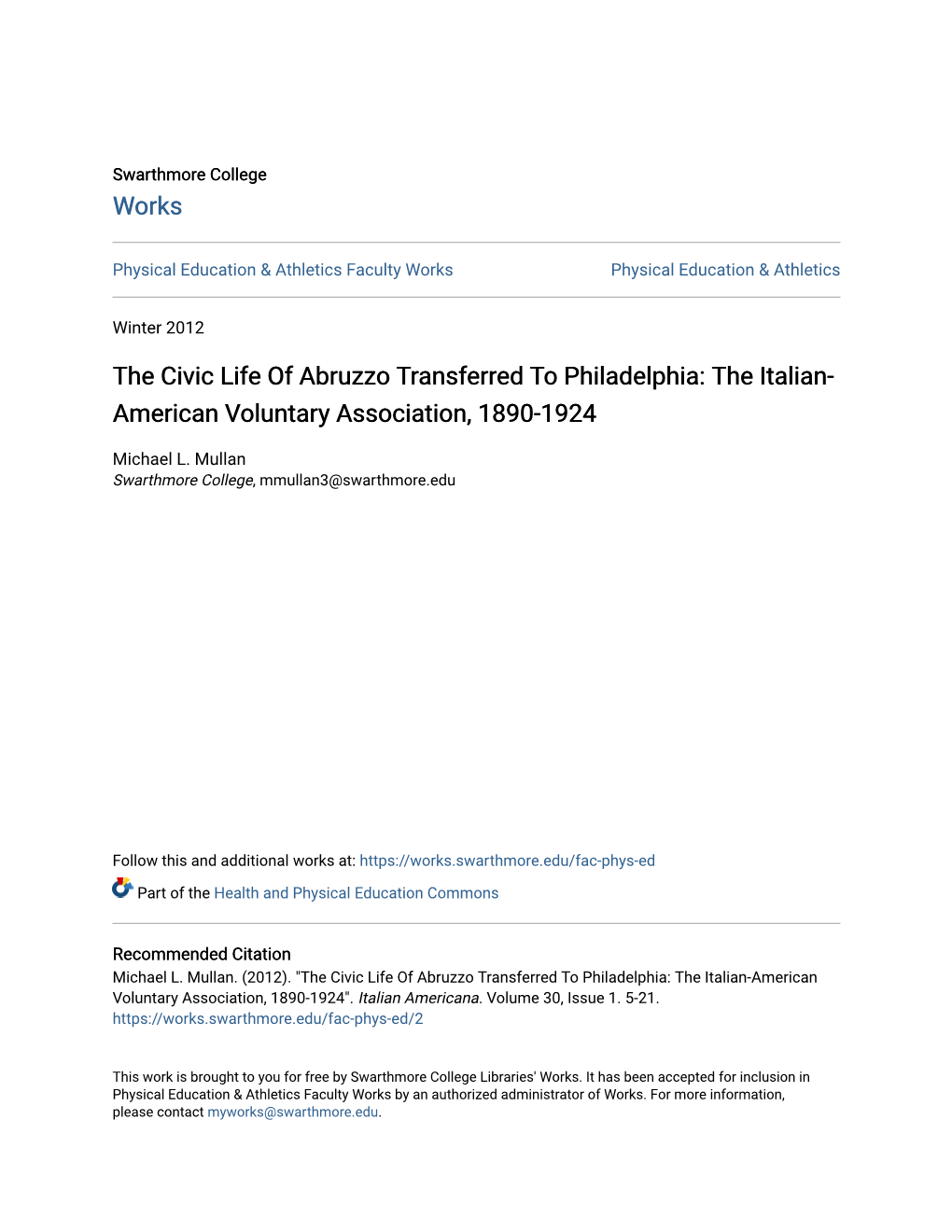 The Civic Life of Abruzzo Transferred to Philadelphia: the Italian- American Voluntary Association, 1890-1924