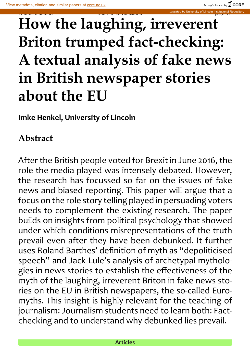 How the Laughing, Irreverent Briton Trumped Fact-Checking: a Textual Analysis of Fake News in British Newspaper Stories About the EU